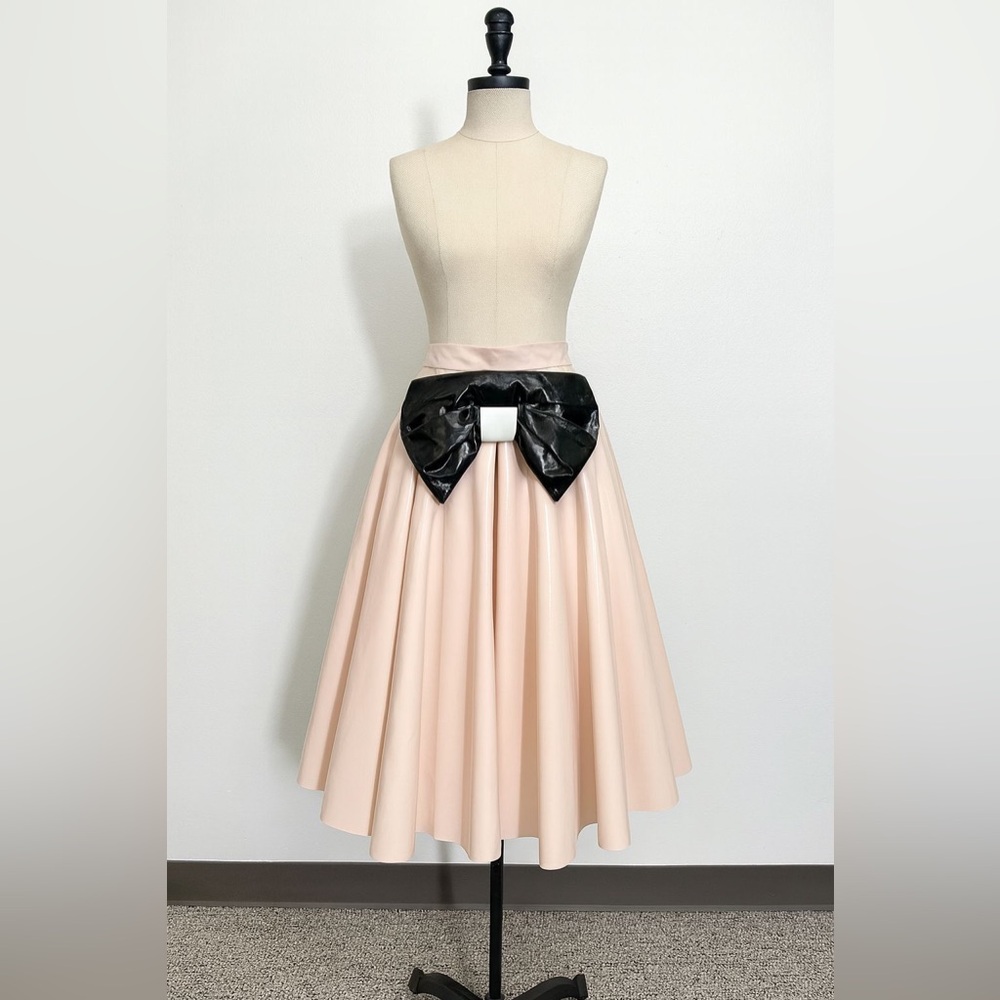 Patent, leather Pink Midi Skirt with Black Bow